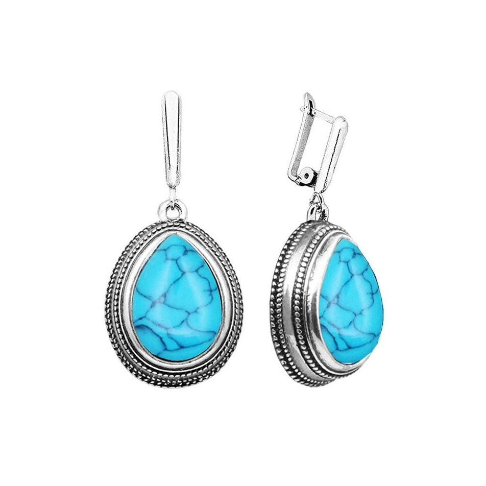 Silvertone Turquoise Teardrop Leverback Earrings