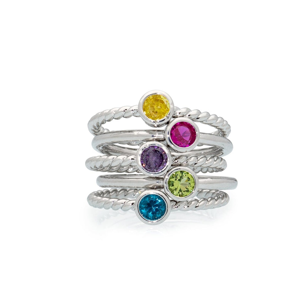 Silvertone Twisted CZ Birthstone Solitaire Ring