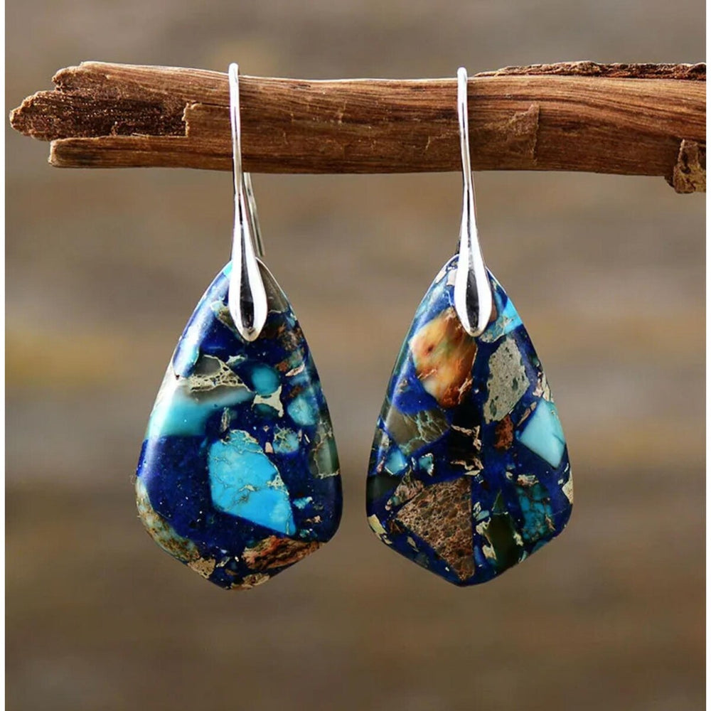 Silvertone & Blue Mix Jasper Drop Geometric Earrings