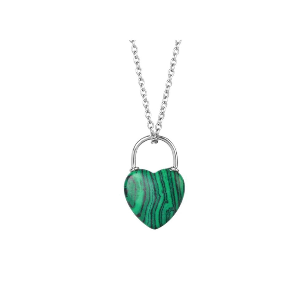 Silvertone & Green Lock Heart Pendant Necklace - White