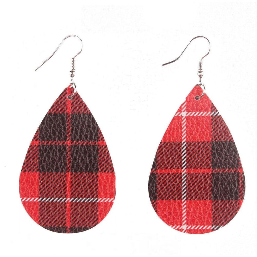 Silvertone & Red Plaid Faux Leather Teardrop Drop Earrings