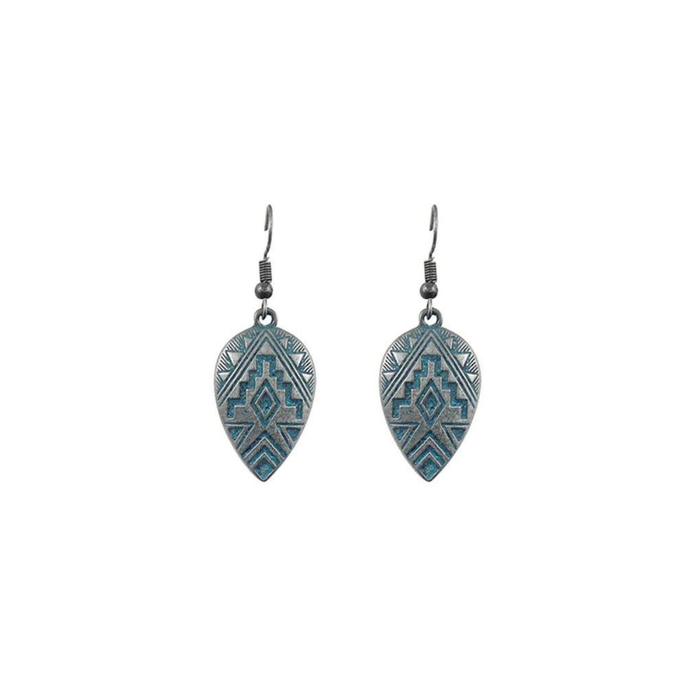 Silvertone & Teal Patterned Teardrop Drop Earrings