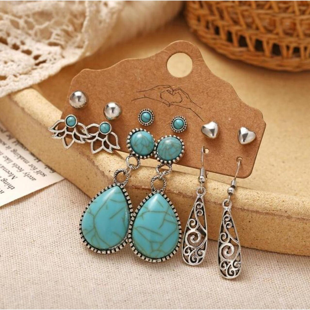 Silvertone & Turquoise Boho Drop And Stud Earring Set