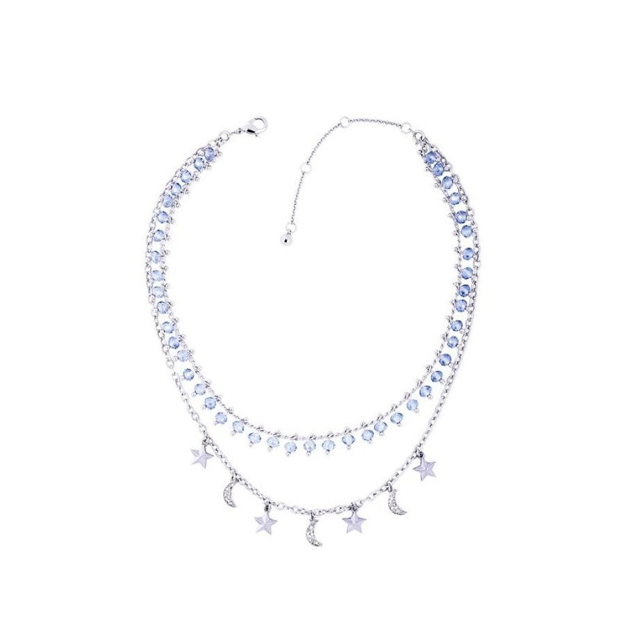 Silvertone and Blue Glass Crystal Layered Necklace with moon and stars - White