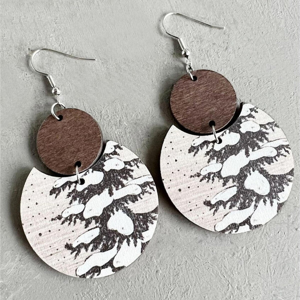 Silvertone and White Snow Pine Tree Wood Drop Earrings