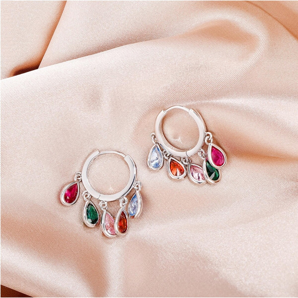 Silvertone and multicoloured Crystal Teardrop Huggie Hoop Earrings