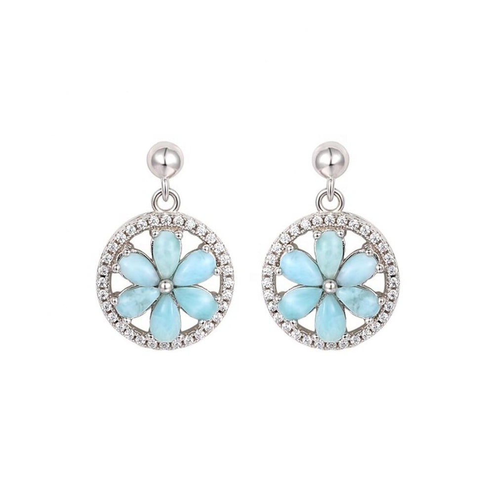 Sky Blue Larimar & Sterling Silver Floral Drop Earrings