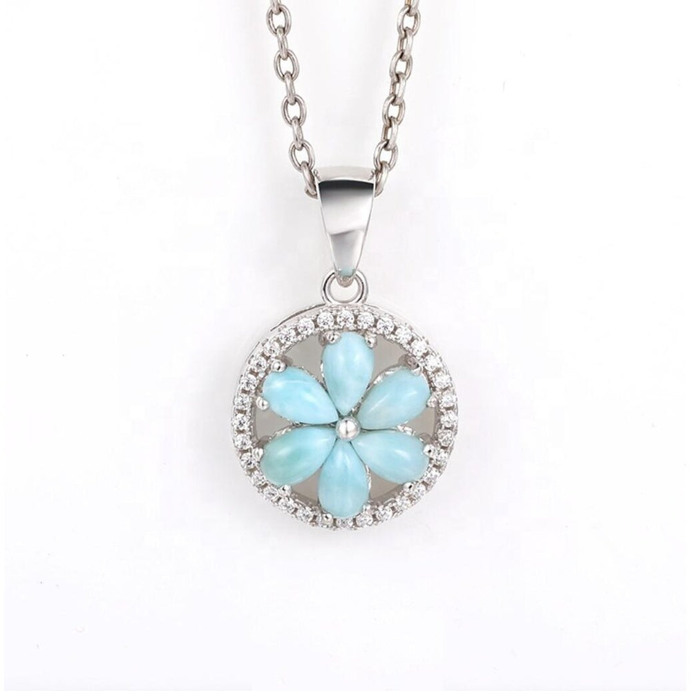 Sky Blue Larimar & Sterling Silver Floral Pendant Necklace - White