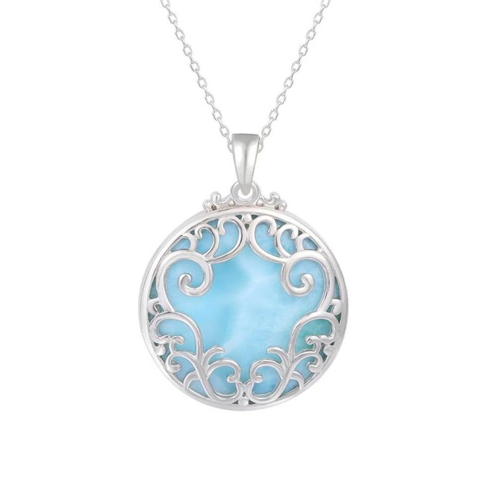 Sky Blue Larimar & Sterling Silver Lace-Encased Pendant Necklace - White