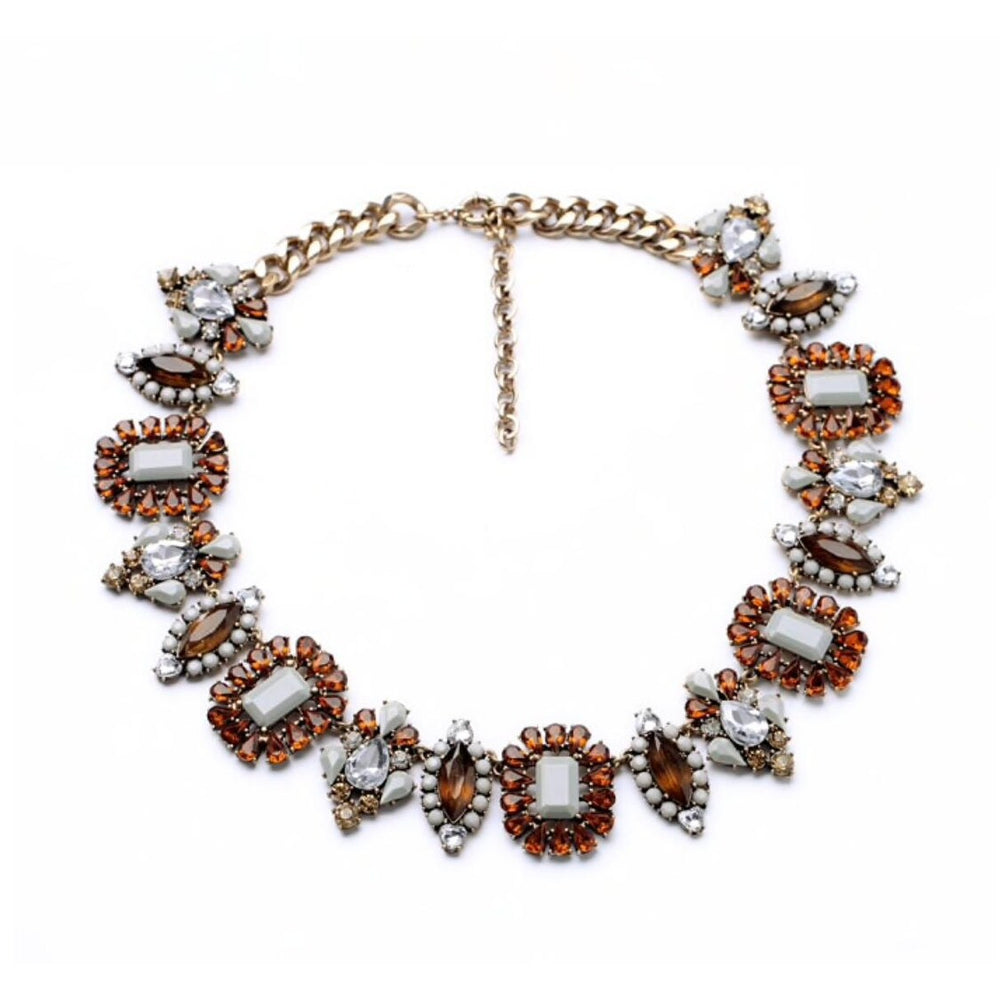 Smoky Topaz and Greige Crystal Statement Collage Necklace - White