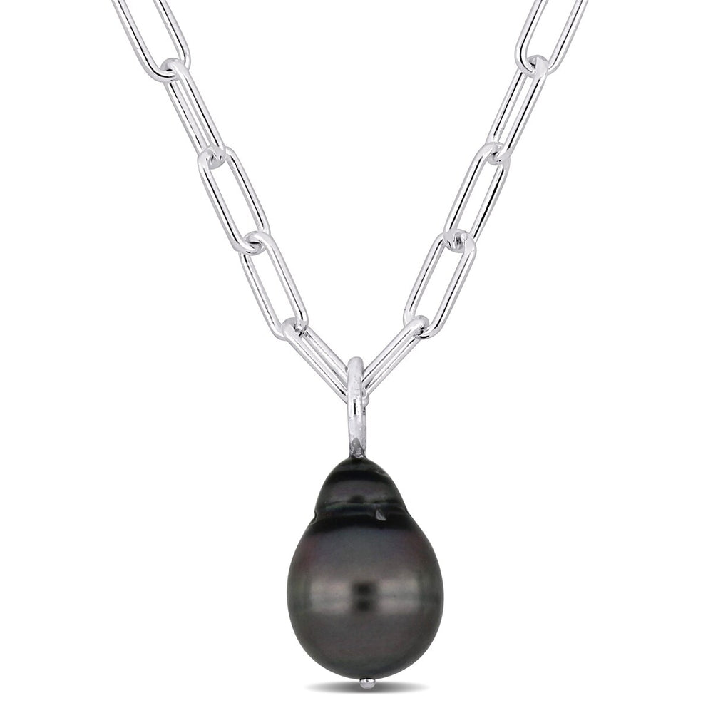 Sofia B. 11-12mm Black Tahitian Pearl Oval Link Drop Necklace Sterling Silver - 18 in