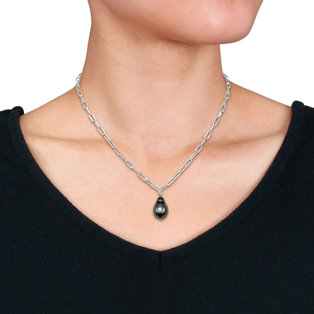 Sofia B. 11-12mm Black Tahitian Pearl Oval Link Drop Necklace Sterling Silver - 18 in