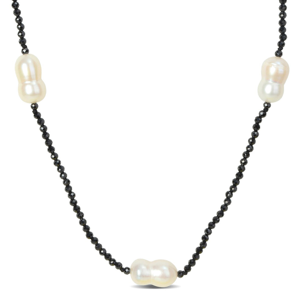 Sofia B. 12-14mm Keshi Pearls Diamond-cut Black Spinel Station Giftable Necklace - 38 in