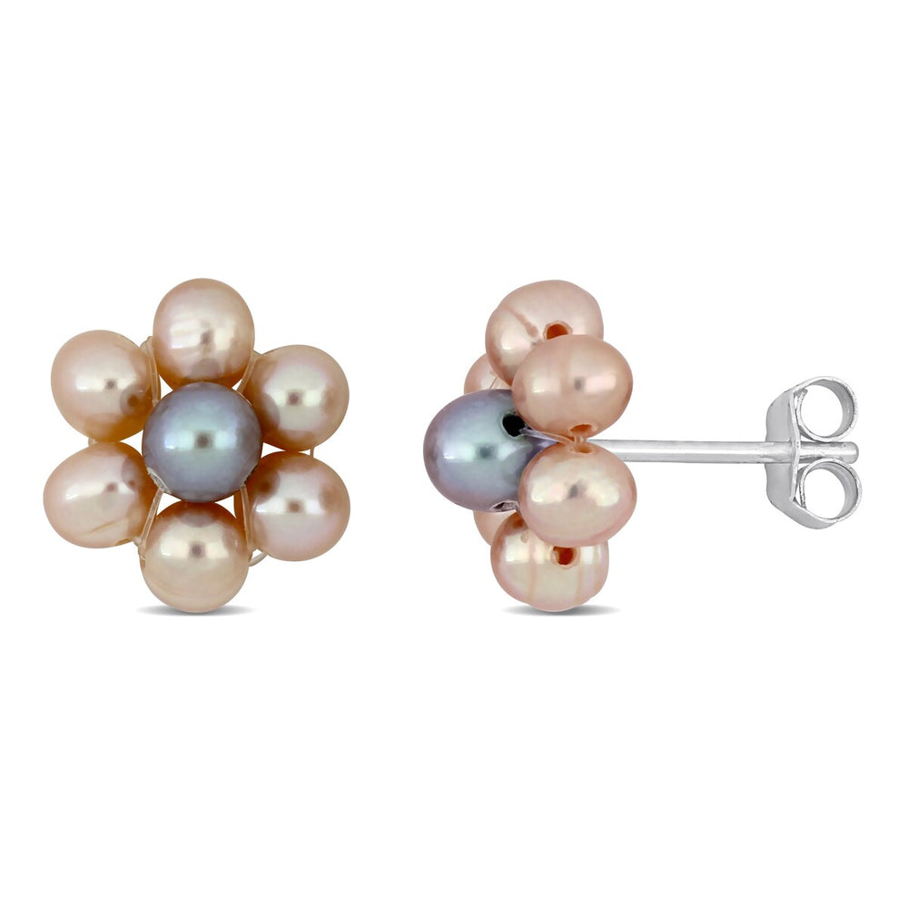 Sofia B. 3-4mm Pink Gray Cultured Freshwater Pearl Flower Design Stud Earrings Sterling Silver