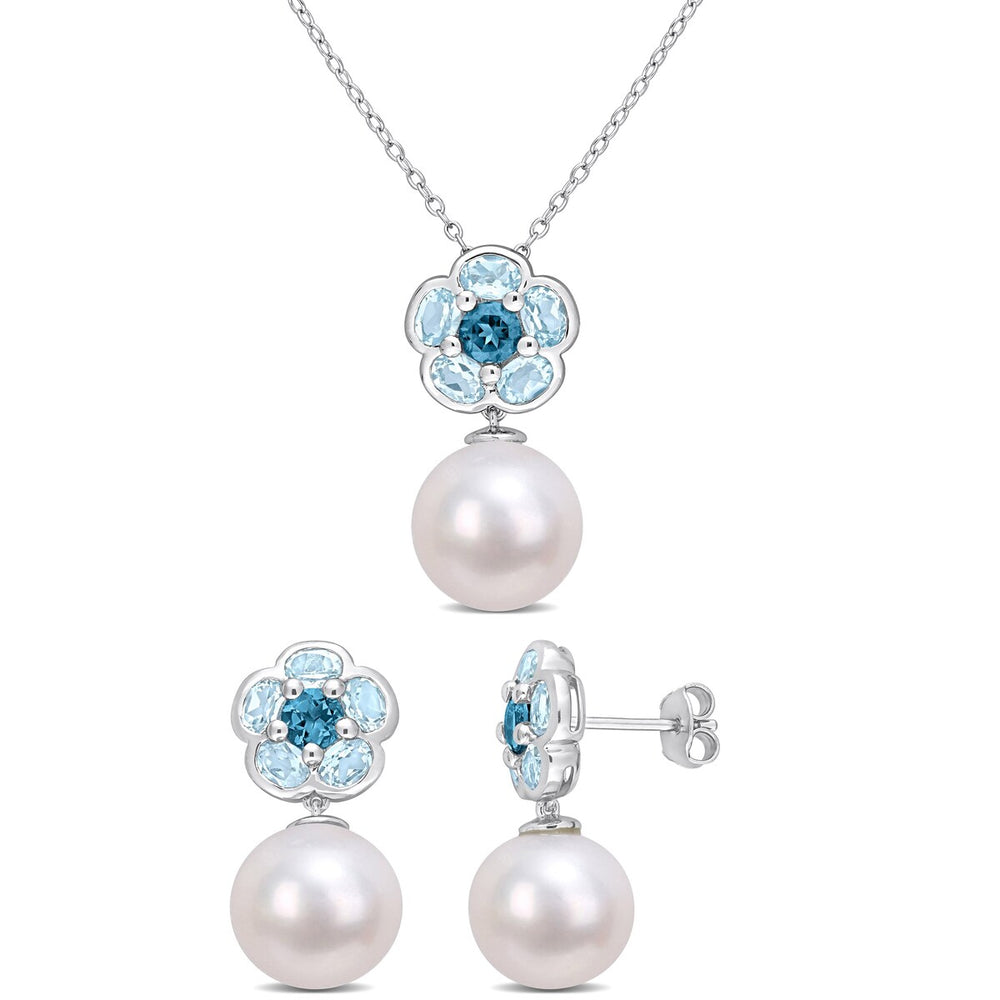 Sofia B. 4 5/8ct TGW Blue Topaz Cultured Freshwater Pearl Jewelry Set Sterling Silver