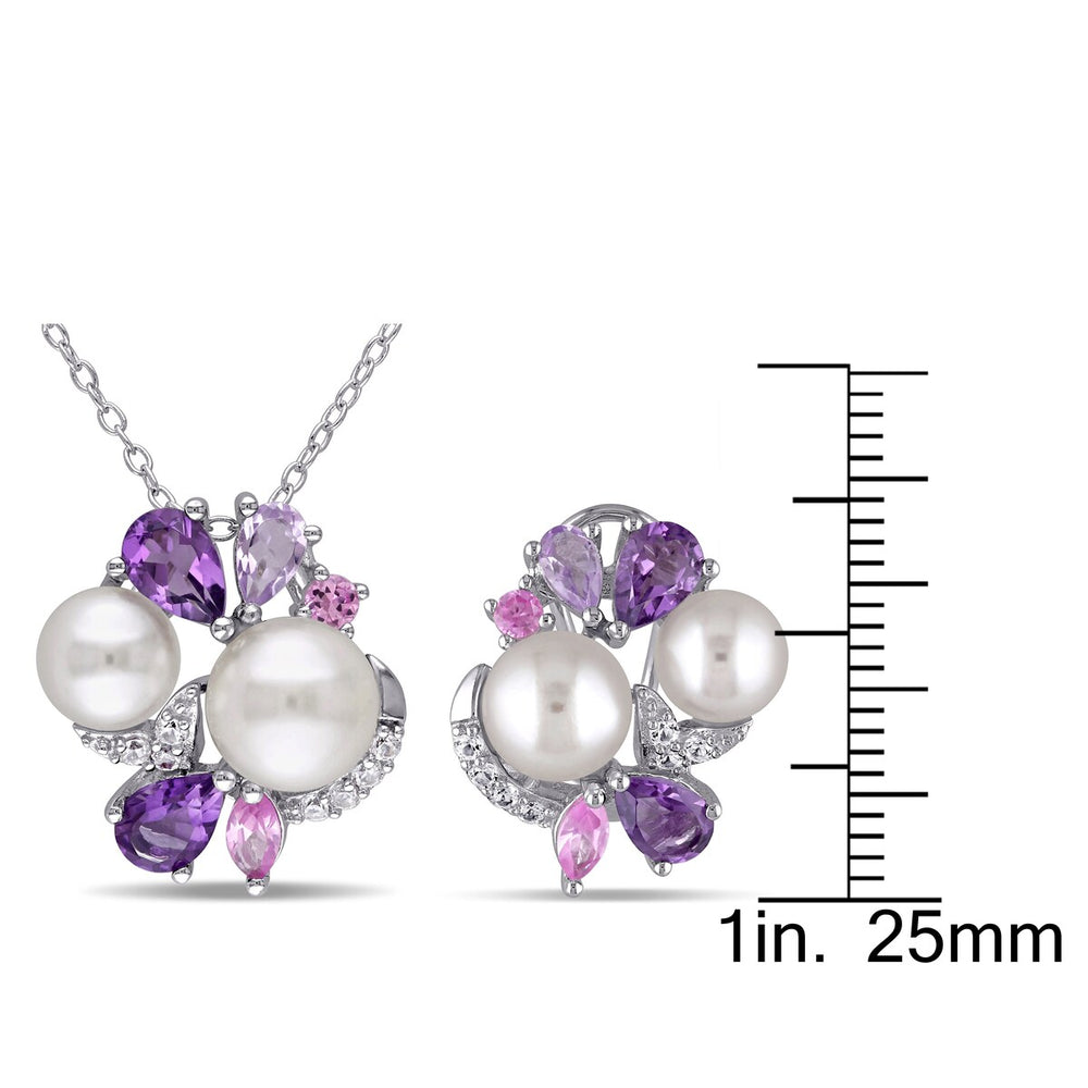 Sofia B. 4ct TGW Created White Pink Sapphire Amethyst Rose de France Cultured Freshwater Pearl Jewelry Set Sterling Silver