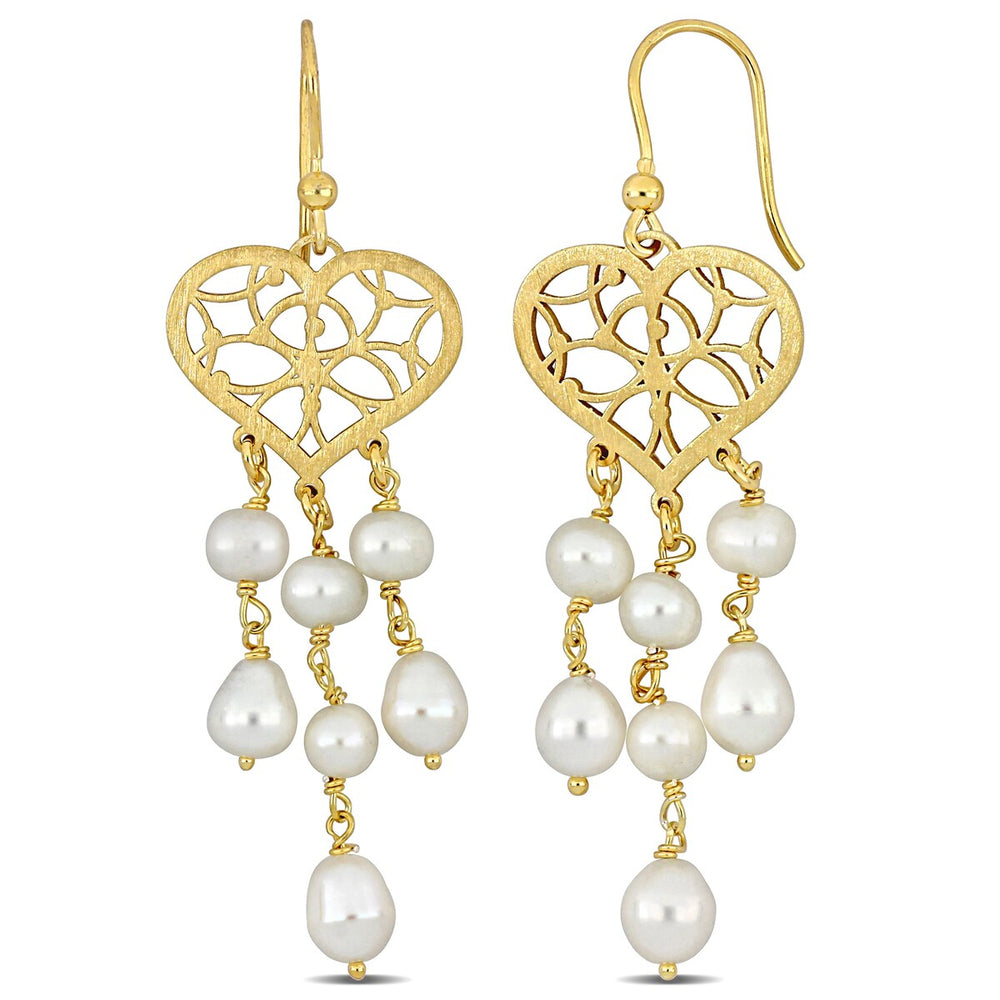 Sofia B. 6-6.5mm Cultured Freshwater Pearl Chandelier Style Heart Drop Earrings Yellow Silver