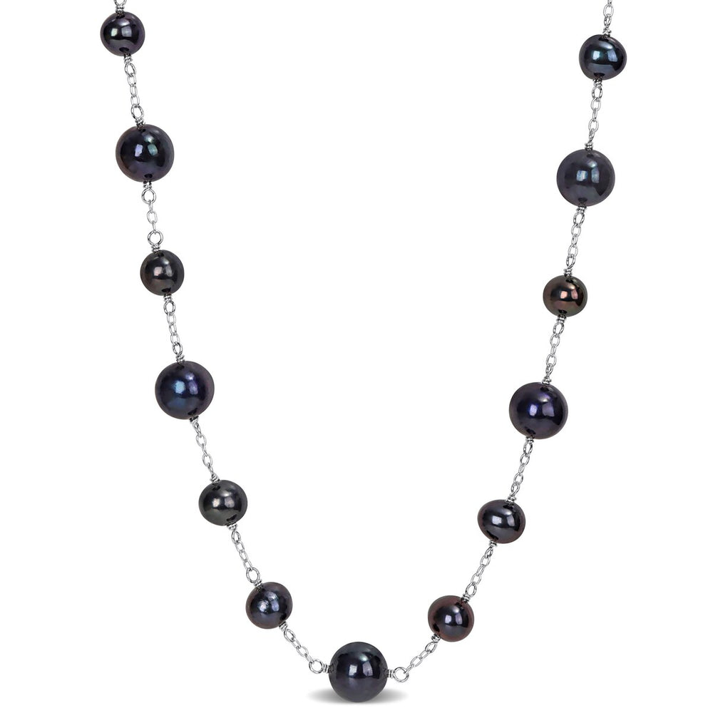 Sofia B. 6.5-8.5mm Black Cultured Freshwater Pearl Station Necklace Sterling Silver