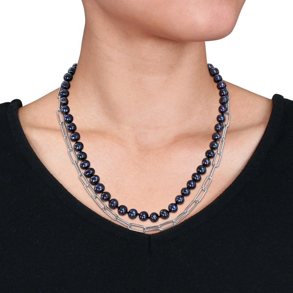 Sofia B. 7-7.5mm Black Cultured Freshwater Pearl Double Layered Chain Necklace Sterling Silver