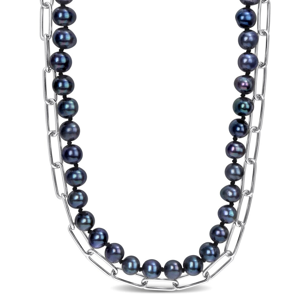 Sofia B. 7-7.5mm Black Cultured Freshwater Pearl Double Layered Chain Necklace Sterling Silver