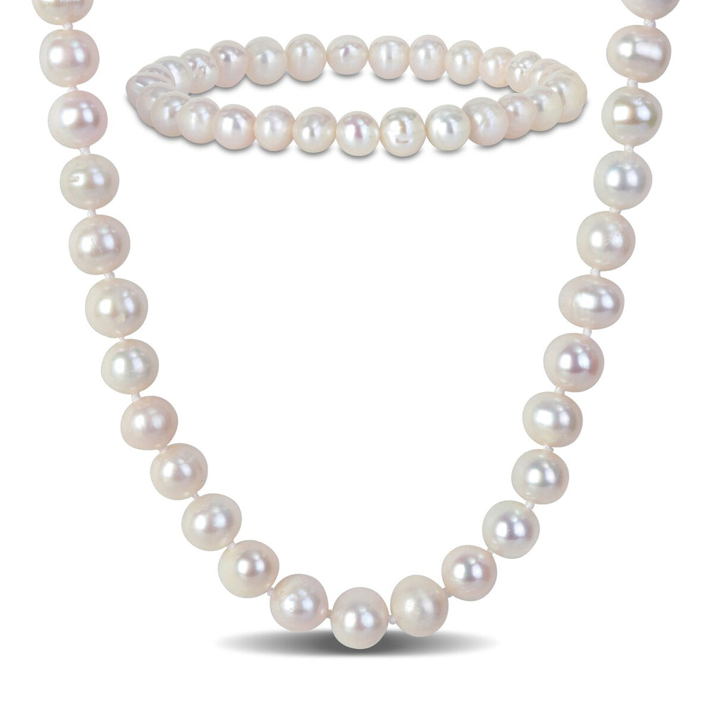 Sofia B. 7-8mm Cultured Freshwater Pearl Necklace and Elastic Bracelet Set Goldtone Clasp