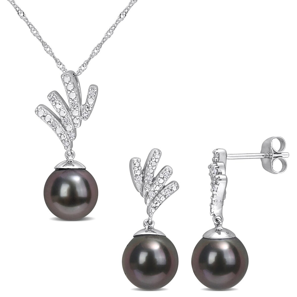 Sofia B. 8-8.5mm Black Tahitian Cultured Pearl 1/10ct TW Diamond Pendant Earring Set 10k White Gold