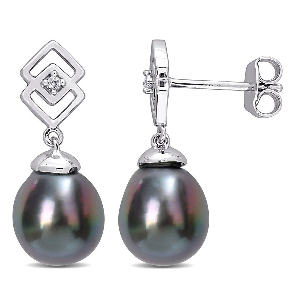 Sofia B. 8-9mm Black Tahitian Cultured Pearl White Topaz Drop Earrings Sterling Silver