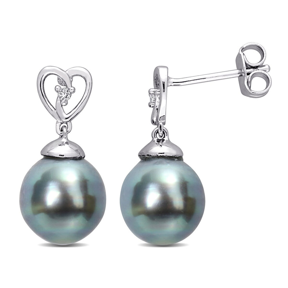 Sofia B. 8-9mm Black Tahitian Cultured Pearl White Topaz Drop Earrings Sterling Silver