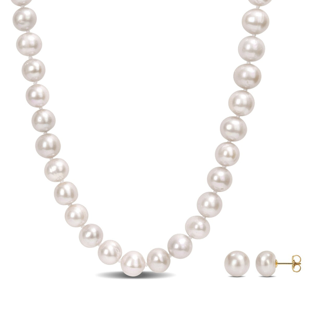 Sofia B. 9-10mm Cultured Freshwater Pearl Necklace and Stud Earrings Set 14k Yellow Gold