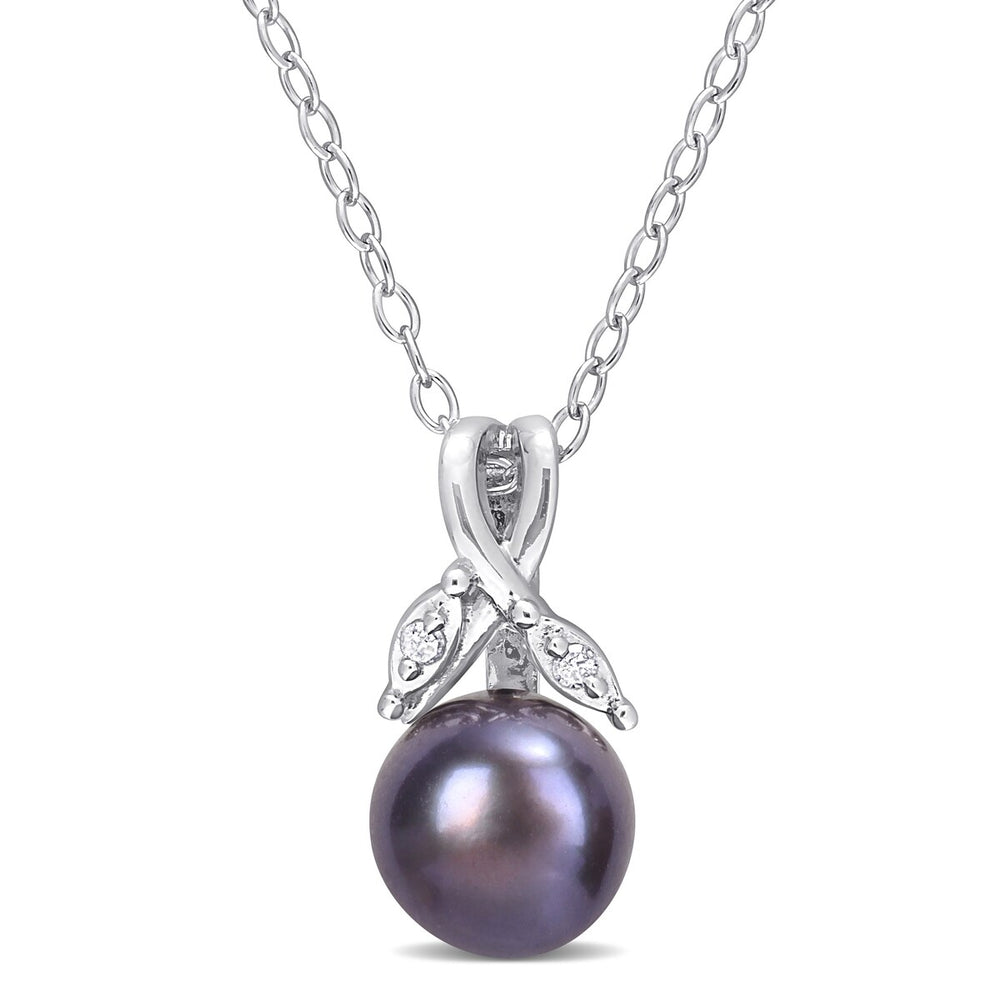 Sofia B. Black Cultured Freshwater Pearl Diamond Accent Floral Necklace Sterling Silver