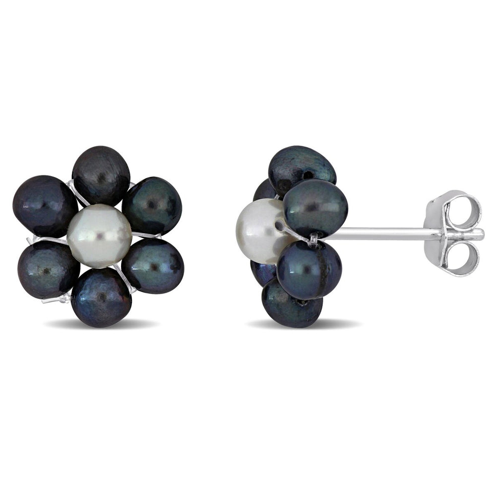 Sofia B. Black White Flower Design Cultured Freshwater Pearl Stud Earrings Sterling Silver