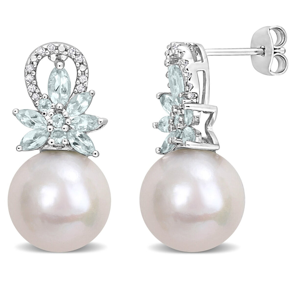 Sofia B. Cultured Freshwater Pearl 1 1/5ct TGW Aquamarine 1/10ct TW Diamond Earrings Sterling Silver