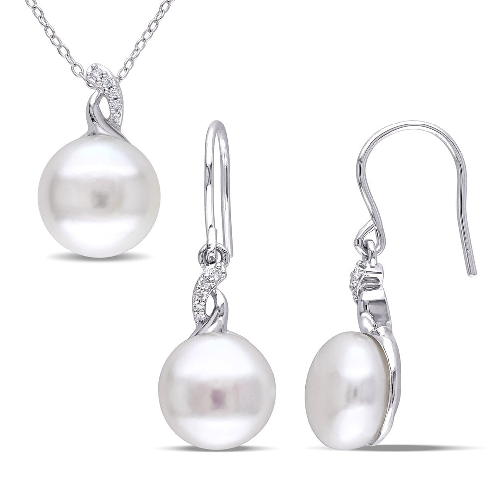 Sofia B. Cultured Freshwater Pearl 1/10ct TW Diamond Hook Earrings Necklace Set Sterling Silver