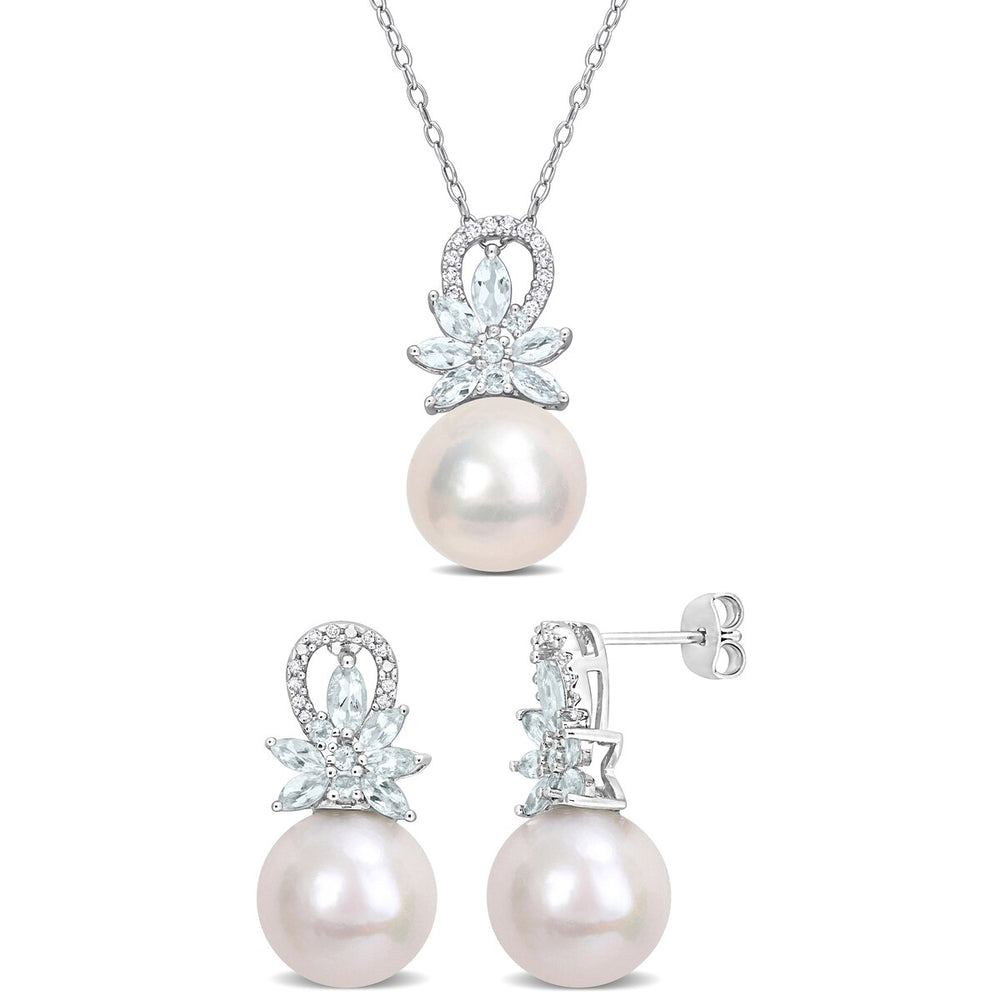 Sofia B. Cultured Freshwater Pearl 1 4/5ct TGW Aquamarine 1/6 TDW Diamond Jewelry Set Sterling Silver