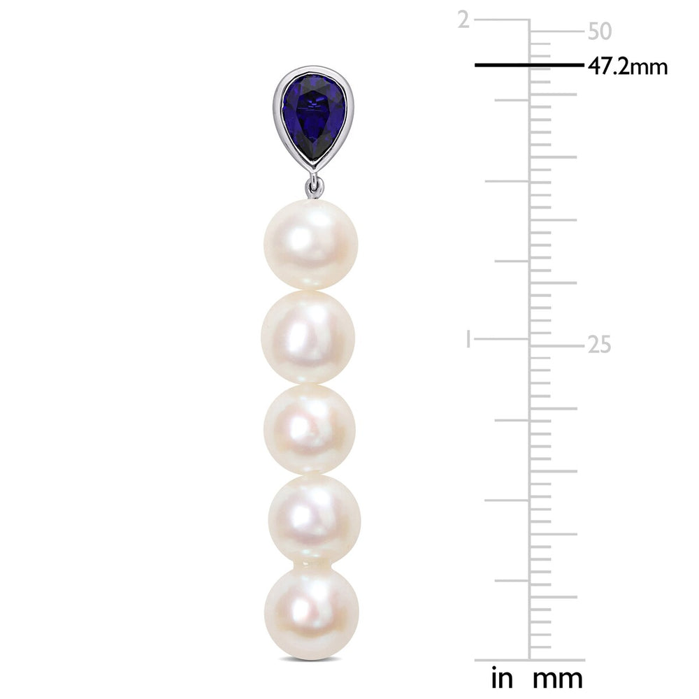 Sofia B. Cultured Freshwater Pearl 2 1/3ct TGW Created Blue Sapphire Earrings Sterling Silver