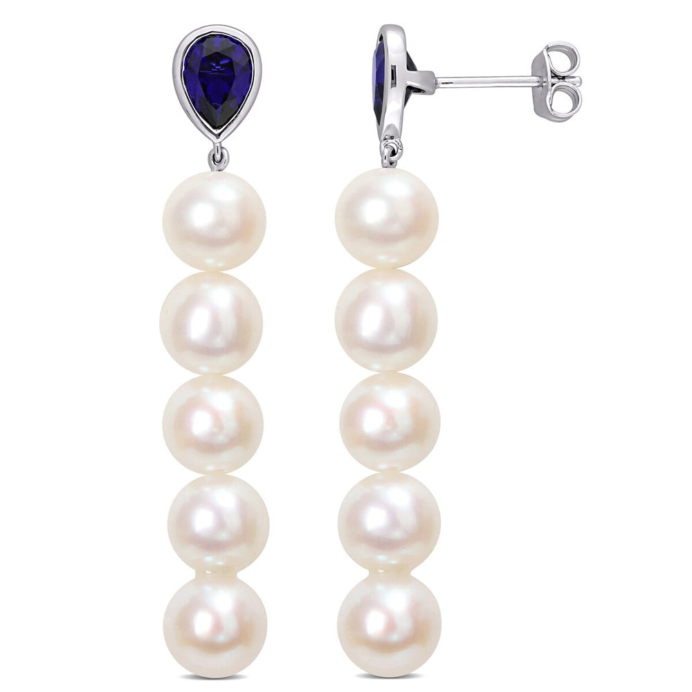 Sofia B. Cultured Freshwater Pearl 2 1/3ct TGW Created Blue Sapphire Earrings Sterling Silver