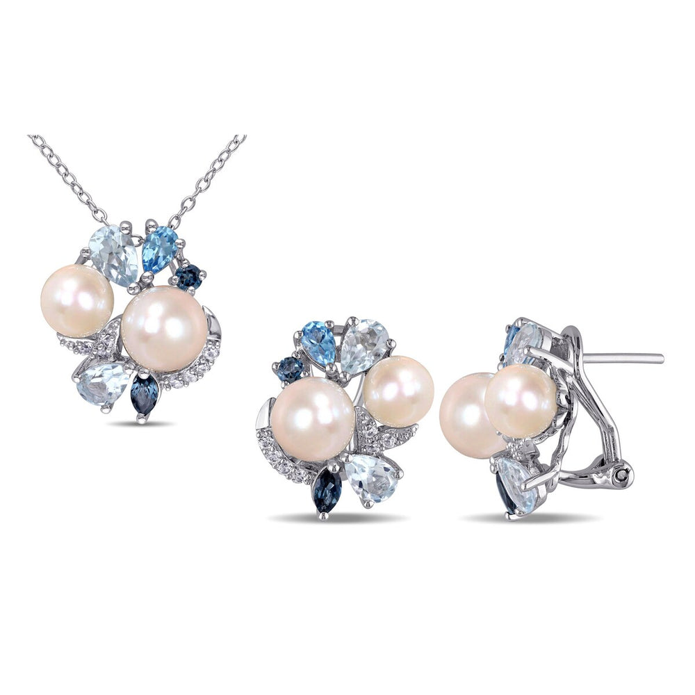 Sofia B. Cultured Freshwater Pearl 4 7/8ct TGW Created White Sapphire Blue Topaz Jewelry Set Sterling Silver