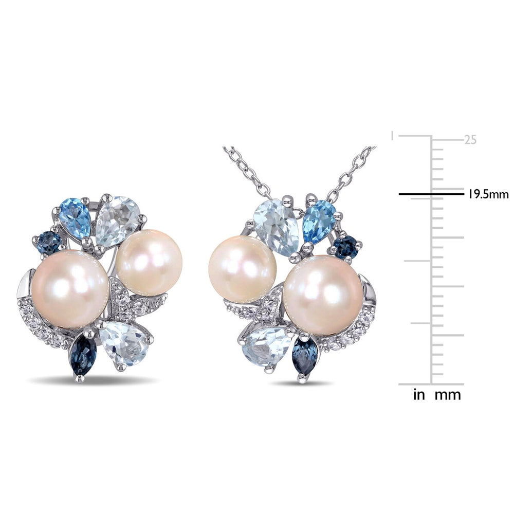 Sofia B. Cultured Freshwater Pearl 4 7/8ct TGW Created White Sapphire Blue Topaz Jewelry Set Sterling Silver