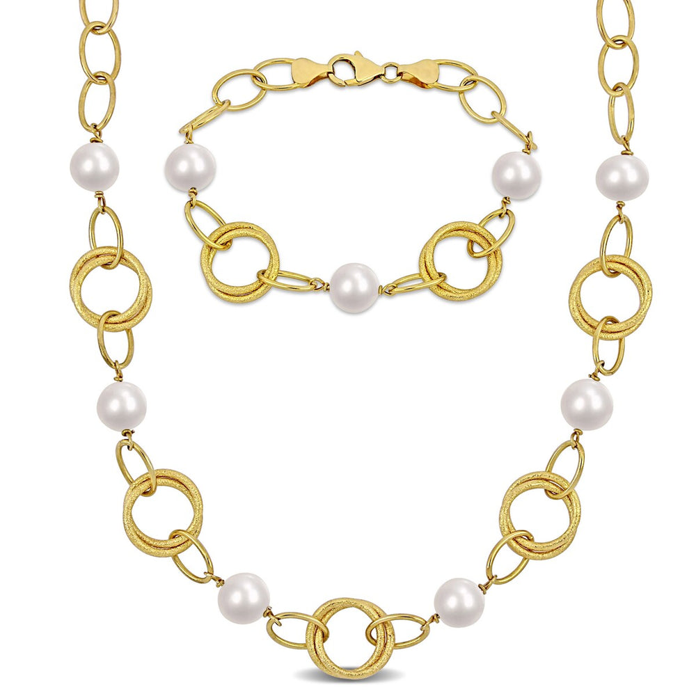 Sofia B. Cultured Freshwater Pearl Circle Chain Jewelry Set Yellow Plated Sterling Silver Necklace