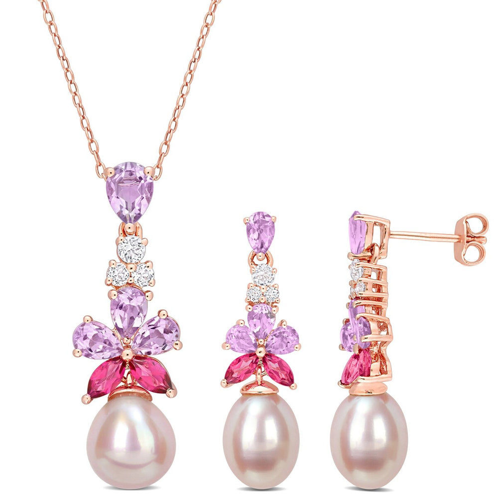 Sofia B. Pink Cultured Freshwater Pearl 4 4/5ct TGW Rose de France Pink & White Topaz Jewelry Set Rose Silver