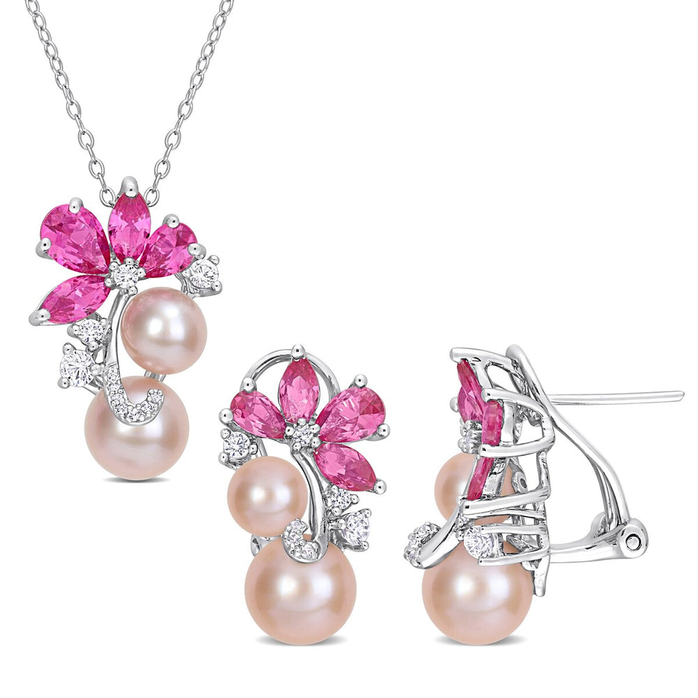 Sofia B. Pink Cultured Freshwater Pearl 7 3/8ct TGW Created Pink & White Sapphire Jewelry Set Sterling Silver