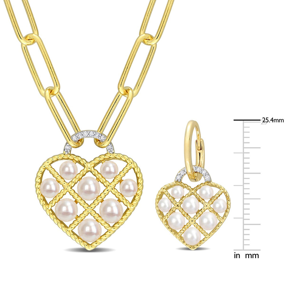 Sofia B. White Cultured Freshwater Pearl 1/10ct TDW Diamond 2-Piece Heart Jewelry Set Yellow Silver