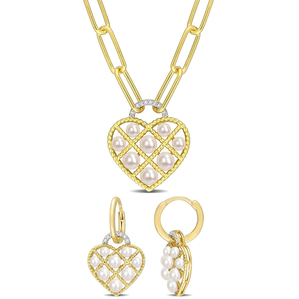 Sofia B. White Cultured Freshwater Pearl 1/10ct TDW Diamond 2-Piece Heart Jewelry Set Yellow Silver