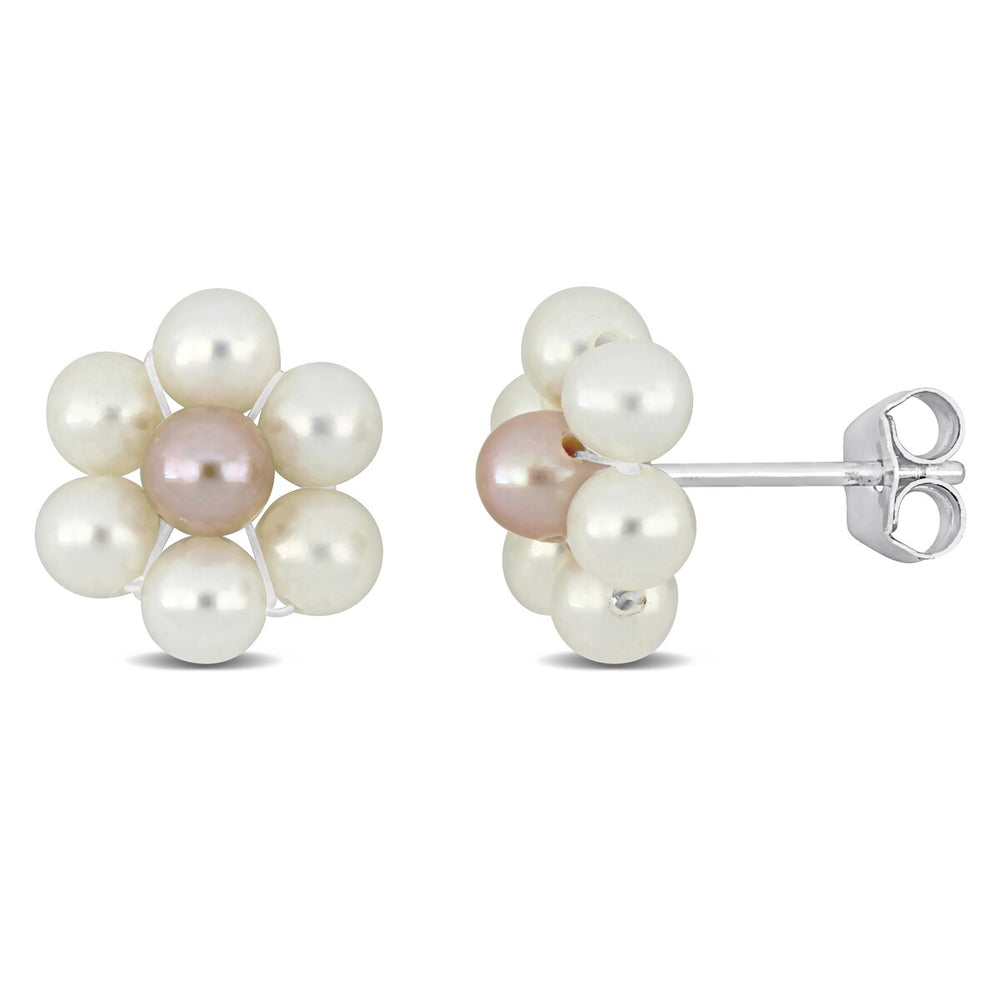 Sofia B. White Pink Cultured Freshwater Pearl Flower Design Stud Earrings Sterling Silver