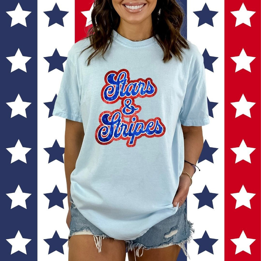 Stars And Stripes Cursive Garment Dyed Tee