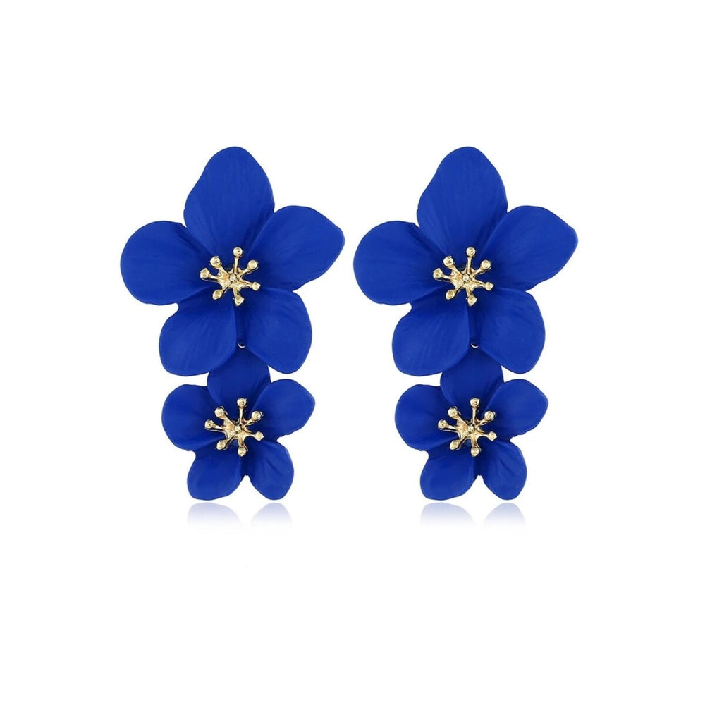 Statement Double Flower Blue Drop Earrings