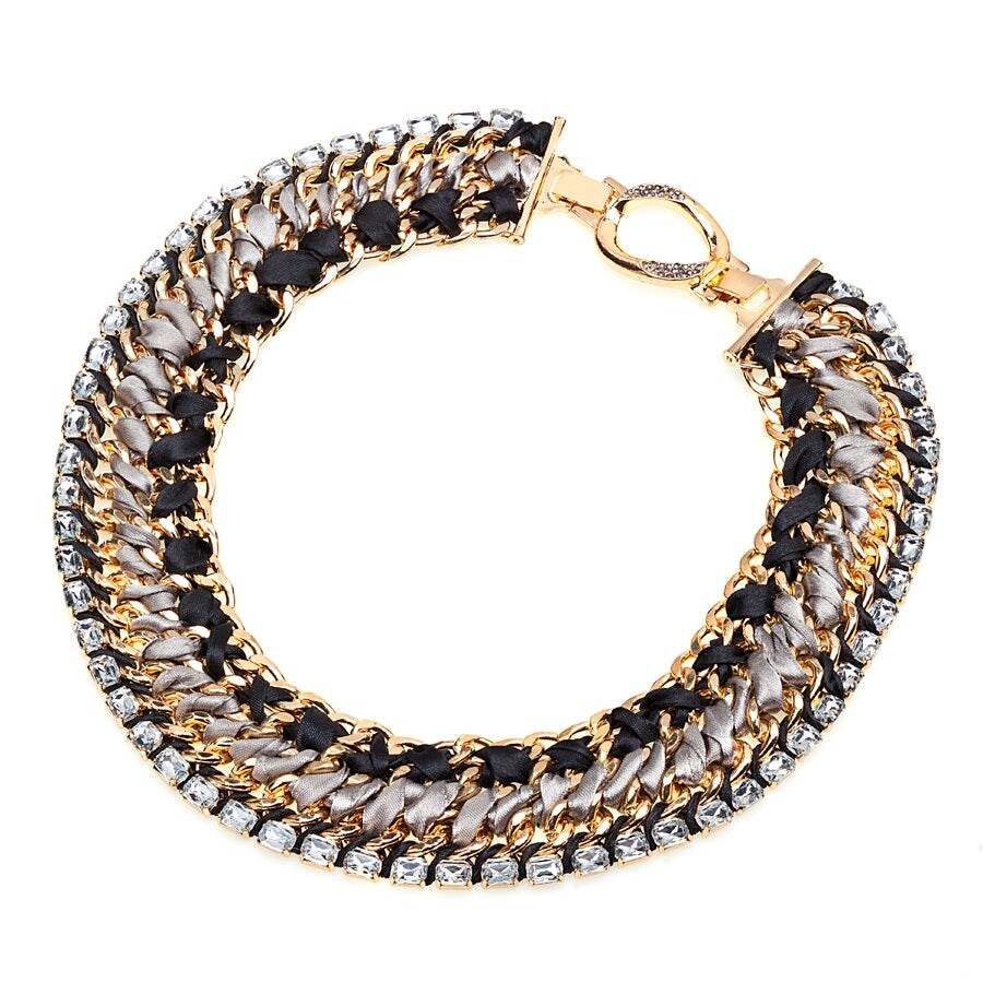 Statement Goldtone Black Braided Silk And Crystal Necklace - White