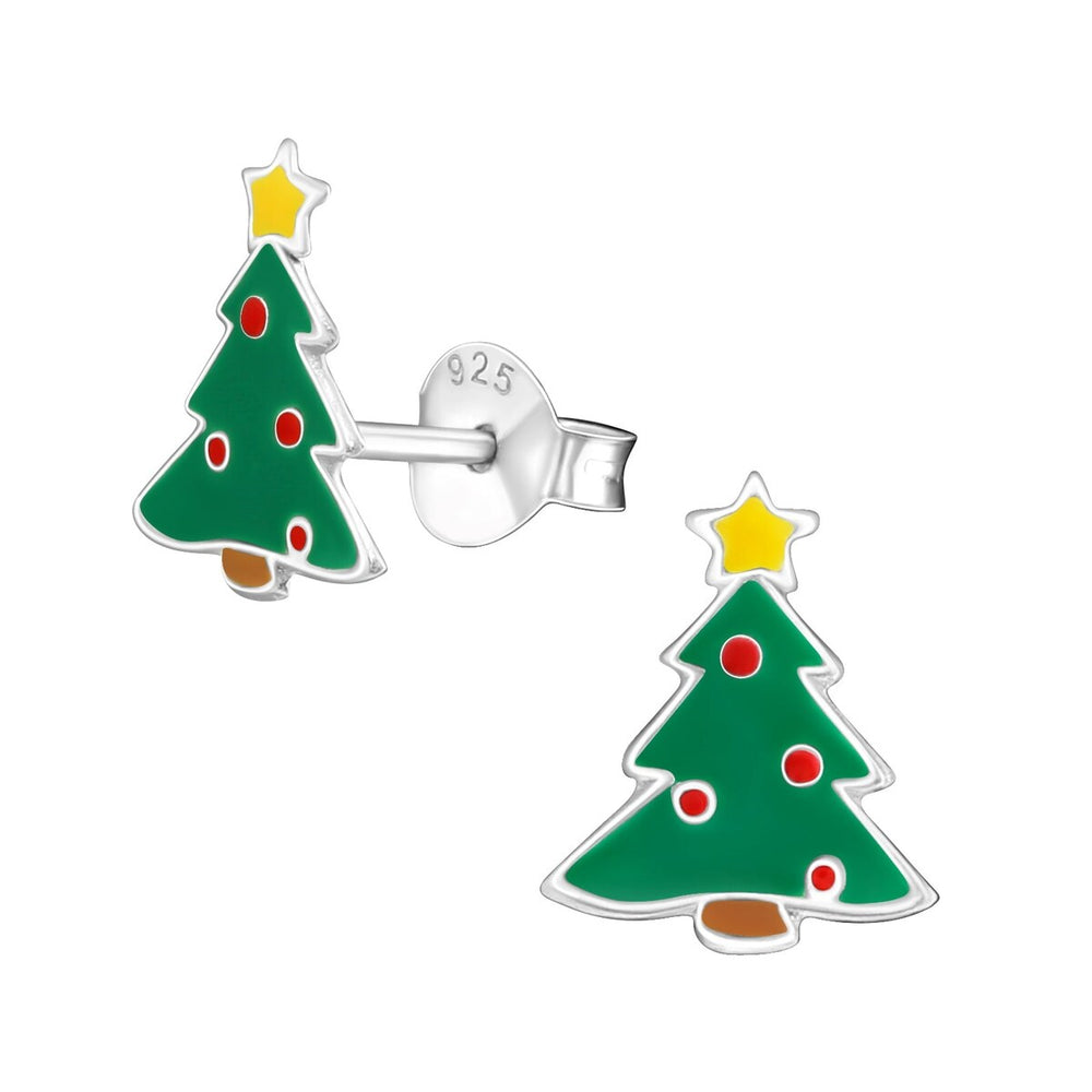 Sterlign Silver Green Christmas Tree with Red Ornaments Dainty Stud Earrings