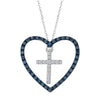 Sterling Silver 0.25Ct Blue & White Diamond Heart Shape Cross Pendant