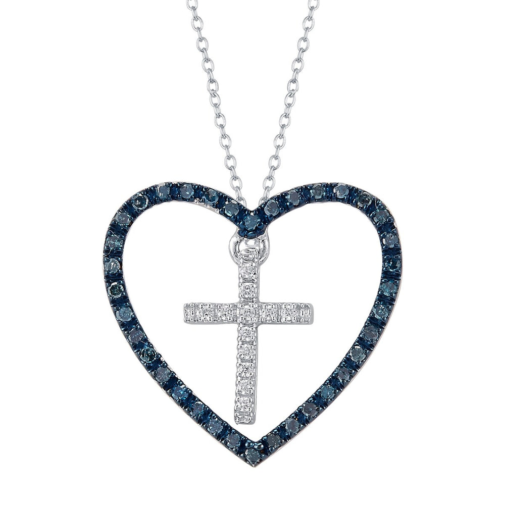 Sterling Silver 0.25Ct Blue & White Diamond Heart Shape Cross Pendant